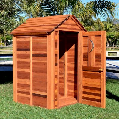 Storage Mini Barns (Options: 4.5' W, 4.5' D, 7' H, California Redwood, Single Door, Transparent Premium Sealant). Crescent Moon cutout was optional request by customer.