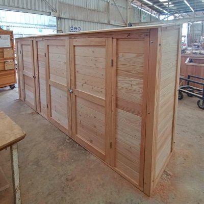 Storage Shed (Options: 12' W x 2.5' D x 7' H, Douglas-fir). Photo taken in production. 