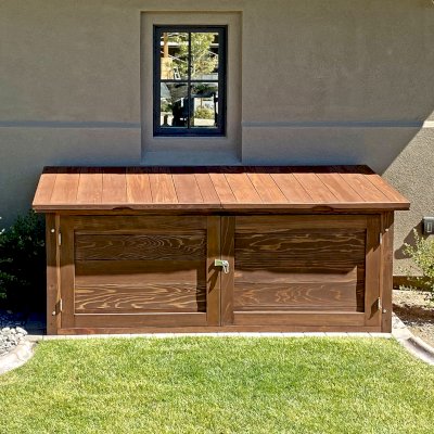 Custom Storage Shed (Options:  8' L, 3'-4" W, 3'-3 7/8" H, California Redwood, One Set of Doors Opening Out From Center, Hardware Kit for Concrete, Coffee Stain Premium Sealant). Photo Courtesy of Thomas Bordigioni of Reno, NV.