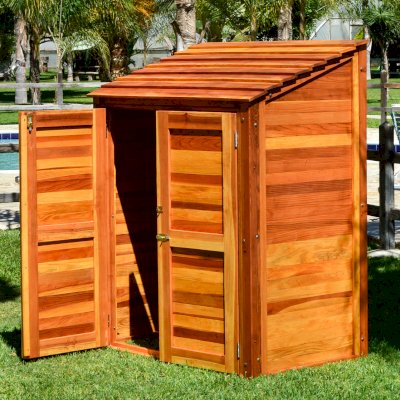 Storage Sheds (Options: 4.5' W, 3' D, 6' H, California Redwood, Double Doors, One Shelf on the Side Opposite the Door, 42" Shelving Height, Transparent Premium Sealant).
