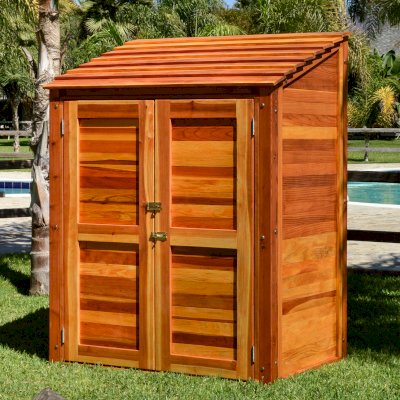Storage Sheds (Options: 4.5' W, 3' D, 6' H, California Redwood, Double Doors, One Shelf on the Side Opposite the Door, 42" Shelving Height, Transparent Premium Sealant). 