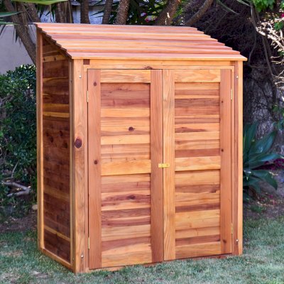 Storage Sheds (Options: 4.5' W, 3' D, 6' H, California Redwood, Double Doors, One Shelf, 48", Transparent Premium Sealant). Shelf to 1/2 width of shed by custom request.