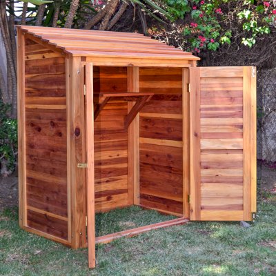 Storage Sheds (Options: 4.5' W, 3' D, 6' H, California Redwood, Double Doors, One Shelf, 48", Transparent Premium Sealant). Shelf to 1/2 width of shed by custom request.