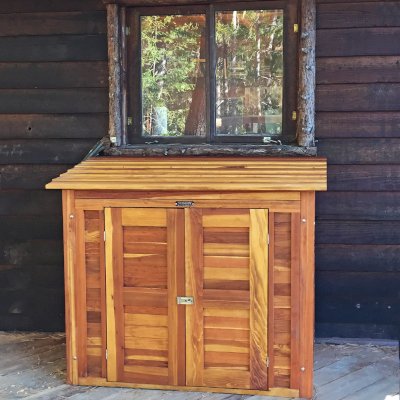 Storage Sheds (Options: 4.5' W, 2' D, 4' H, California Redwood, Double Doors, Two Shelves at 28" H & 14" H, Transparent Premium Sealant). Photo Courtesy of R. Hernandez of Annapolis, CA.