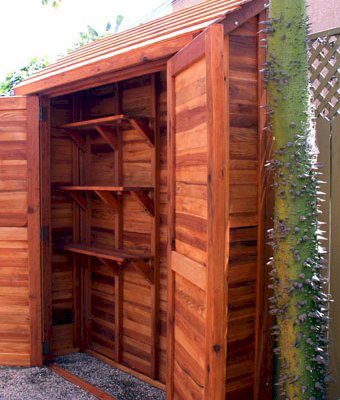 Storage Sheds (Options: 7' W, 2' D, 7' H, California Redwood, Double doors, One Shelf, 42", Transparent Premium Sealant).