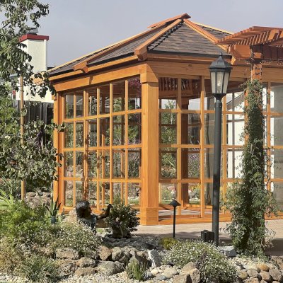 Sun Gazebo with Sliding Doors (Options: 9' L, 12' W, Douglas-fir, T&G Roof, 7.5 ft Wall Height, Clear Polycarbonate Windows by Custom Request, Without Skylight, 1 Ceiling Fan Base, No Flooring, Transparent Premium Sealant). Photo Courtesy of A. Van Emmerik of Dublin, CA.