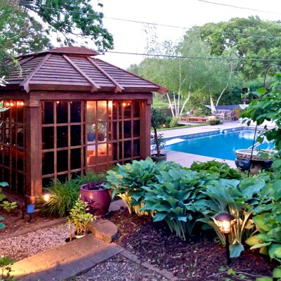 Sun Gazebo with Sliding Doors (Options: 14' L, 10' W, Douglas-fir, 4' x 8' Skylight, Standard Wood Roof, Hardware Kit for Stone, Brick or Concrete, No Floor,  Coffee-Stain Premium Sealant). Photo Courtesy of D. Womack of White Bear Lake, Minnesota.