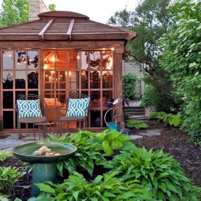 Sun Gazebo with Sliding Doors (Options: 14' L, 10' W, Douglas-fir, 4' x 8' Skylight, Standard Wood Roof, Hardware Kit for Stone, Brick or Concrete, No Floor,  Coffee-Stain Premium Sealant). Photo Courtesy of D. Womack of White Bear Lake, Minnesota.