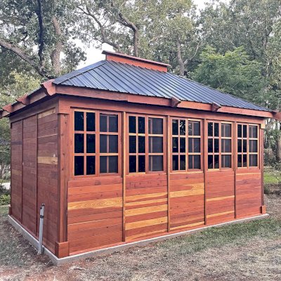 Custom Sun Gazebo with Sliding Doors (Options: 20' L x 14' W, California Redwood, 2 Sides with Sliding Doors, 1 Side with Solid Wall and 1 Side with Half Solid Wall with Sliding Windows Above, 8 ft Wall Height, No Skylight, No Flooring, Transparent Premium Sealant). Photo Courtesy of K. Sheffield of South Lake, TX.
