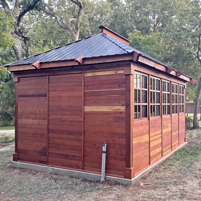 Custom Sun Gazebo with Sliding Doors (Options: 20' L x 14' W, California Redwood, 2 Sides with Sliding Doors, 1 Side with Solid Wall and 1 Side with Half Solid Wall with Sliding Windows Above, 8 ft Wall Height, No Skylight, No Flooring, Transparent Premium Sealant). Photo Courtesy of K. Sheffield of South Lake, TX.