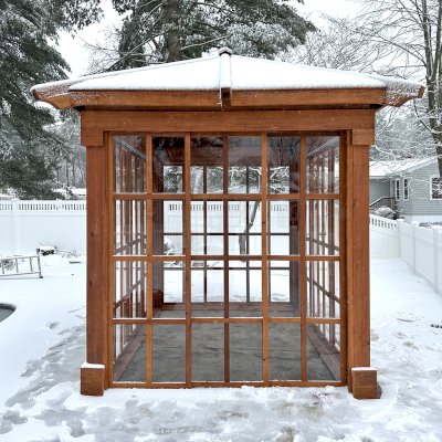 Sun Gazebo with Sliding Doors (Options: 10' L, 8' W, Mature Redwood, Shiplap Roof, 8 ft Wall Height, Clear Polycarbonate Windows by Custom Request, Without Skylight, No Flooring, Transparent Premium Sealant). Photo Courtesy of M. Throop of Framingham, MA.