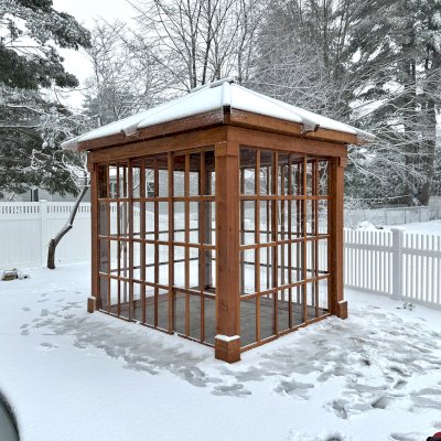 Sun Gazebo with Sliding Doors (Options: 10' L, 8' W, Mature Redwood, Shiplap Roof, 8 ft Wall Height, Clear Polycarbonate Windows by Custom Request, Without Skylight, No Flooring, Transparent Premium Sealant). Photo Courtesy of M. Throop of Framingham, MA.