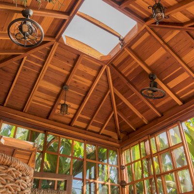 Sun Gazebo with Sliding Doors (Options: 14' L, 14' W, California Redwood, 8 ft Wall Height, 4' x 4' Skylight, Complete Floor, Transparent Premium Sealant). Photo Courtesy of M. Wunderman of Los Angeles, CA.