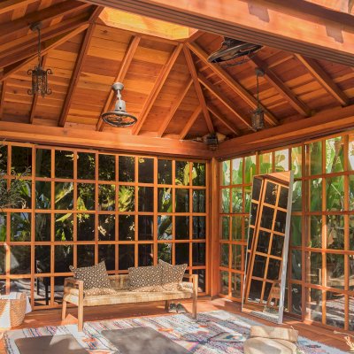 Sun Gazebo with Sliding Doors (Options: 14' L, 14' W, California Redwood, 8 ft Wall Height, 4' x 4' Skylight, Complete Floor, Transparent Premium Sealant). Photo Courtesy of M. Wunderman of Los Angeles, CA.
