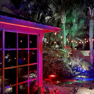 Sun Gazebo with Sliding Doors (Options: 18' L, 12' W, California Redwood, Without Skylight, No Flooring, Transparent Premium Sealant). Photo Courtesy of M. Skapik of Palm Harbor, FL.