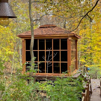 Sun Gazebo with Sliding Doors (Options: Custom Size 12' L x 12' W, California Redwood, 9 ft Wall Height, With 4' x 8' Skylight, Complete Floor, with Wood Shingle Roof, Transparent Premium Sealant). Photo Courtesy of M. Zamanzadeh of Presto Pennsylvania.