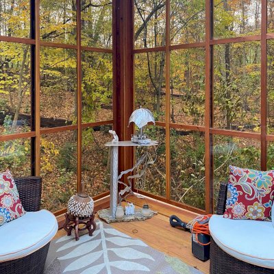 Sun Gazebo with Sliding Doors (Options: Custom Size 12' L x 12' W, California Redwood, 9 ft Wall Height, With 4' x 8' Skylight, Complete Floor, with Wood Shingle Roof, Transparent Premium Sealant). Photo Courtesy of M. Zamanzadeh of Presto Pennsylvania.