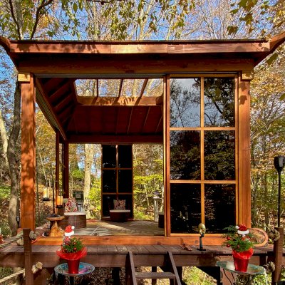 Sun Gazebo with Sliding Doors (Options: Custom Size 12' L x 12' W, California Redwood, 9 ft Wall Height, With 4' x 8' Skylight, Complete Floor, with Wood Shingle Roof, Transparent Premium Sealant). Photo Courtesy of M. Zamanzadeh of Presto Pennsylvania.