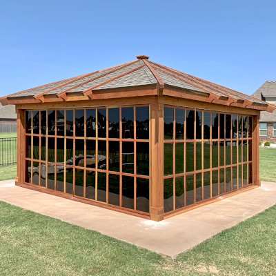 Sun Gazebo with Sliding Doors (Options: 18' L, 18' W, California Redwood, without Skylight, No Flooring, Transparent Premium Sealant). 