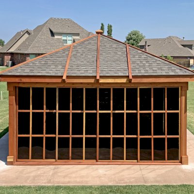 Sun Gazebo with Sliding Doors (Options: 18' L, 18' W, California Redwood, without Skylight, No Flooring, Transparent Premium Sealant). 