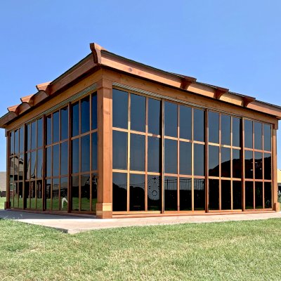 Sun Gazebo with Sliding Doors (Options: 18' L, 18' W, California Redwood, without Skylight, No Flooring, Transparent Premium Sealant). 