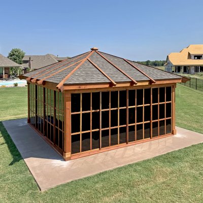 Sun Gazebo with Sliding Doors (Options: 18' L, 18' W, California Redwood, without Skylight, No Flooring, Transparent Premium Sealant). 