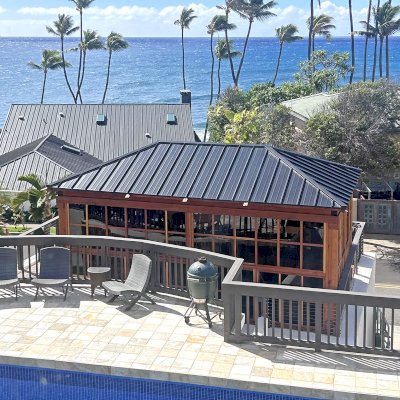 Sun Gazebo with Sliding Doors (Options: 20' L x 12.5' W, California Redwood, 9 ft Wall Height, Without Skylight, with 4 Sliding Walls, Without Floor, Transparent Premium Sealant). Photo Courtesy of R. Erickson of Honolulu, Hawaii.