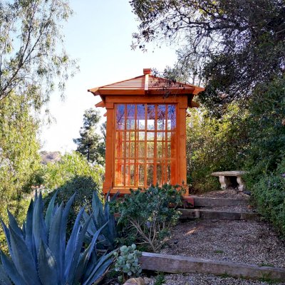 Sun Gazebo with Sliding Doors (Options: Custom Size 6' L x 6' W, Douglas-fir, 7 ft Wall Height, Without Skylight, Complete Floor, Transparent Premium Sealant). Clear Polycarbonate Windows by Custom Request. Photo Courtesy of T. Standing of Hollywood, CA.