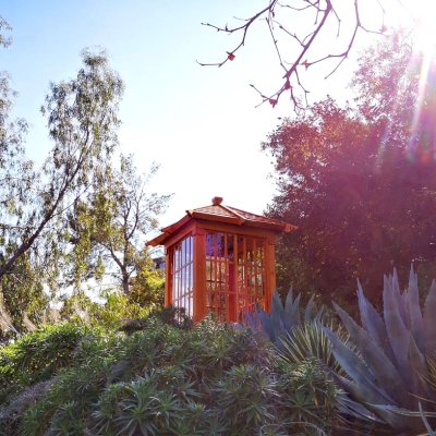 Sun Gazebo with Sliding Doors (Options: Custom Size 6' L x 6' W, Douglas-fir, 7 ft Wall Height, Without Skylight, Complete Floor, Transparent Premium Sealant). Clear Polycarbonate Windows by Custom Request. Photo Courtesy of T. Standing of Hollywood, CA.