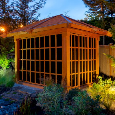 Sun Gazebo with Sliding Doors (Options: Custom Size 10' L x 8' W, Douglas-fir, 7 ft Wall Height, Without Skylight, Complete Floor, Standard Wood Roof, Transparent Premium Sealant). Photo Courtesy of Tony Branton of Bellevue, Washington.