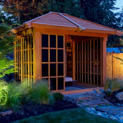 Sun Gazebo with Sliding Doors (Options: Custom Size 10' L x 8' W, Douglas-fir, 7 ft Wall Height, Without Skylight, Complete Floor, Standard Wood Roof, Transparent Premium Sealant). Photo Courtesy of Tony Branton of Bellevue, Washington.