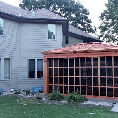 Sun Gazebo with Sliding Doors (Options: 10' L, 14' W, California Redwood, Without Skylight, No Floor, Transparent Premium Sealant). Photo Courtesy of R. Hayko of Andover, MN.