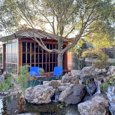 Sun Gazebo with Sliding Doors (Options: Custom Size 12' L x 10' W, California Redwood, 8 ft Wall Height, With One Solid Wall by Custom Request, Without Skylight, Complete Floor, with Metal Roof, Transparent Premium Sealant). Photo Courtesy of M. Locati of Lafayette, CA.