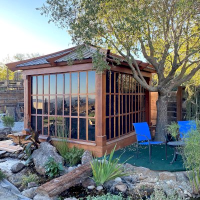 Sun Gazebo with Sliding Doors (Options: Custom Size 12' L x 10' W, California Redwood, 8 ft Wall Height, With One Solid Wall by Custom Request, Without Skylight, Complete Floor, with Metal Roof, Transparent Premium Sealant). Photo Courtesy of M. Locati of Lafayette, CA.