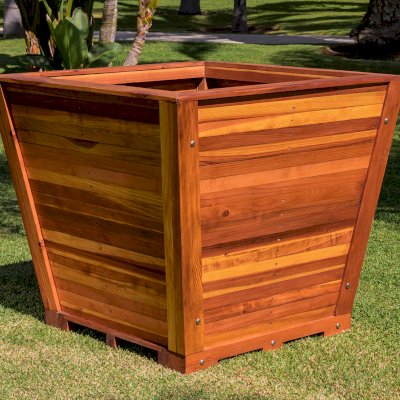 Tapered Planters (Options: 31" Square Base x 41" Square Top x 36"H, California Redwood, Standard Base, Interior and Exterior of Box with Sealant (No Growing Vegetables), Transparent Premium Sealant).