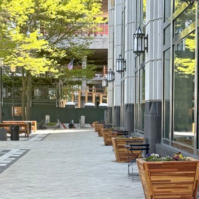 Tapered Planters (Options: 27 5/8'' Square Base x 36'' Square Top x 32''H, Mosaic Redwood, with 3/4 Feet, Exterior of Box with Sealant and Interior of Box Without Sealant, Transparent Premium Sealant). Photo Courtesy of A. Arena of Jersey City, NJ. 