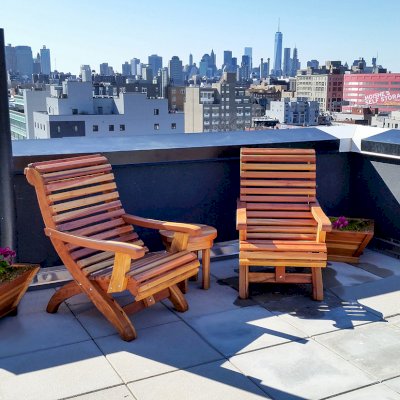 Tapered Planters (Options: 12" Square Base x 21" Square Top x 18"H, Redwood, 3/4-inch Feet, Base Only 12" by 12" Tapering up to the Standard Size at the Top by Custom Request, Interior and Exterior of Box with Sealant (No Growing Vegetables), Transparent Premium Sealant). Photo Also Shows 2 Ensenada Easychairs and a Round Side Table. Photo Courtesy of Abe G. of Brooklyn, NY. 