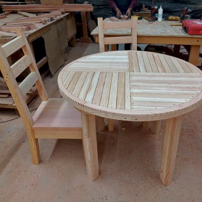Terrace Round Wooden Table Under Construction (Options: 3 1/2', 2 Chairs, Mosaic Douglas-Fir, Ladderback Chair Style, Side Chairs, Standard Tabletop, No Umbrella Hole). 