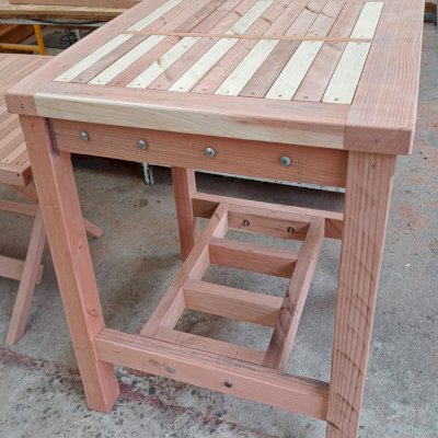 Terrace Wood Cocktail Table in Production (Options: Square, No Seating, California Redwood, 40" H Table, Standard Tabletop, Slightly Rounded Corners). 