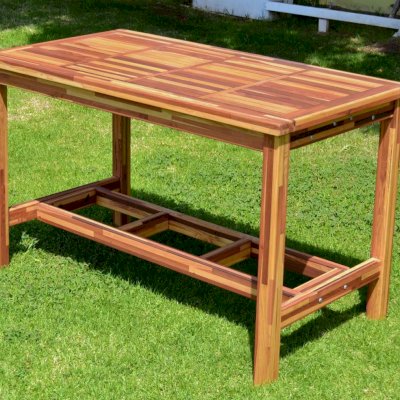 Terrace Wood Cocktail Table (Options: Rectangular, No Seating, Mosaic Redwood, 42" H, Slatted Tabletop, Squared Corners, Transparent Premium Sealant).