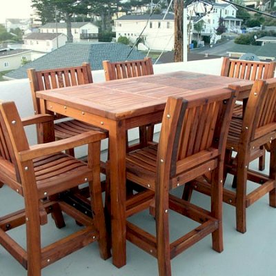 Terrace Wood Cocktail Table (Options: Rectangular, Cocktail Bar Stools with arms, Mature Redwood, 6 Stools, No Swivel Seat, 28" H Seat, No Cushions, 42" H Table, Slatted Tabletop, Squared Corners, 6 Stools, No Swivel, 23 inch High Seat, No Cushions, Transparent Premium Sealant).