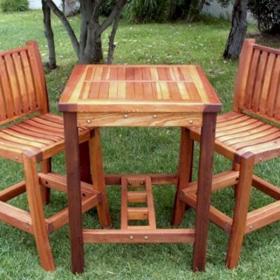 Terrace Wood Cocktail Table (Options: Square, Cocktail Bar Stools without arms, Redwood mix, 42" H Table, Slatted Tabletop, Squared Corner, No Swivel Seat, 28" H Seat, No Cushion, Transparent Premium Sealant). Table highlights 3 Redwood grades.
