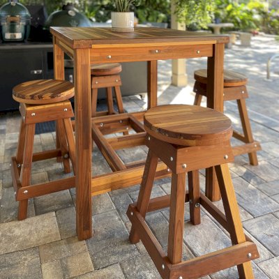 Custom Terrace Wood Cocktail Table (Options: 3' x 3' Square, Backless Wood Bar Stool, Redwood Mosaic, 42" H Table, Slatted Tabletop, Slightly Rounded Corners, with Swivel Seat, 28" H Seat, No Cushion, Transparent Premium Sealant). Photo Courtesy of S. Boen of Palm Harbor, FL.
