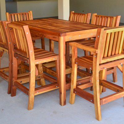 Terrace Wood Cocktail Table (Options: Rectangular, 2 Stools with Arms and 4 Stools without Arms, Redwood, 42" H Table, Slatted Tabletop, Slightly Rounded Corners, 6 Stools, No Swivel Seat, 28" H Seat, No Cushions, Transparent Premium Sealant).