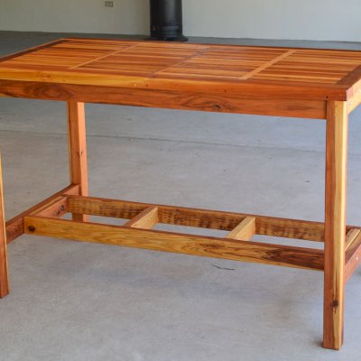 Terrace Wood Cocktail Table (Options: Rectangular, No Seating, Redwood, 42" H, Slatted Tabletop, Slightly Rounded Corners, Transparent Premium Sealant).