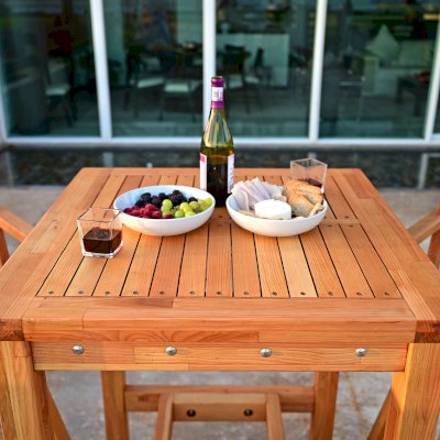 Terrace Wood Cocktail Table (Options: Square, Captain's Bar Stools, Douglas-fir, 42" H Table, Slatted Tabletop, Slightly Rounded Corners, with Swivel Seat, 28" H Seat, No Cushion, Transparent Premium Sealant). 