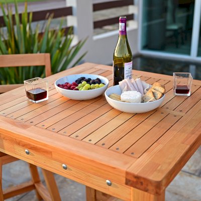 Terrace Wood Cocktail Table (Options: Square, Captain's Bar Stools, Douglas-fir, 42" H Table, Slatted Tabletop, Slightly Rounded Corners, with Swivel Seat, 28" H Seat, No Cushion, Transparent Premium Sealant). 