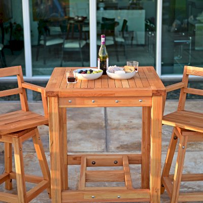 Terrace Wood Cocktail Table (Options: Square, Captain's Bar Stools, Douglas-fir, 42" H Table, Slatted Tabletop, Slightly Rounded Corners, with Swivel Seat, 28" H Seat, No Cushion, Transparent Premium Sealant). 