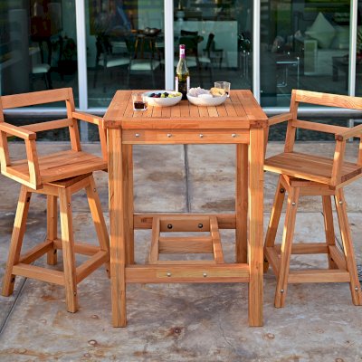 Terrace Wood Cocktail Table (Options: Square, Captain's Bar Stools, Douglas-fir, 42" H Table, Slatted Tabletop, Slightly Rounded Corners, with Swivel Seat, 28" H Seat, No Cushion, Transparent Premium Sealant). 