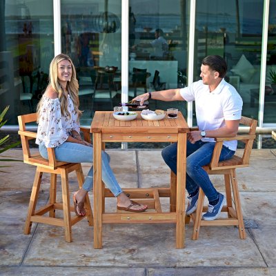 Terrace Wood Cocktail Table (Options: Square, Captain's Bar Stools, Douglas-fir, 42" H Table, Slatted Tabletop, Slightly Rounded Corners, with Swivel Seat, 28" H Seat, No Cushion, Transparent Premium Sealant). 